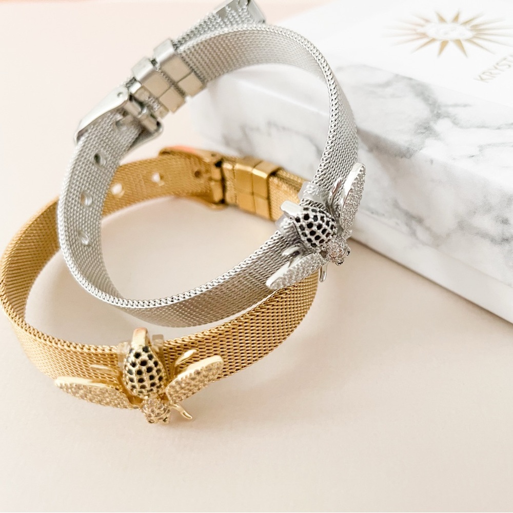 Artemis Bee belted mesh micropave bracelet gold silver